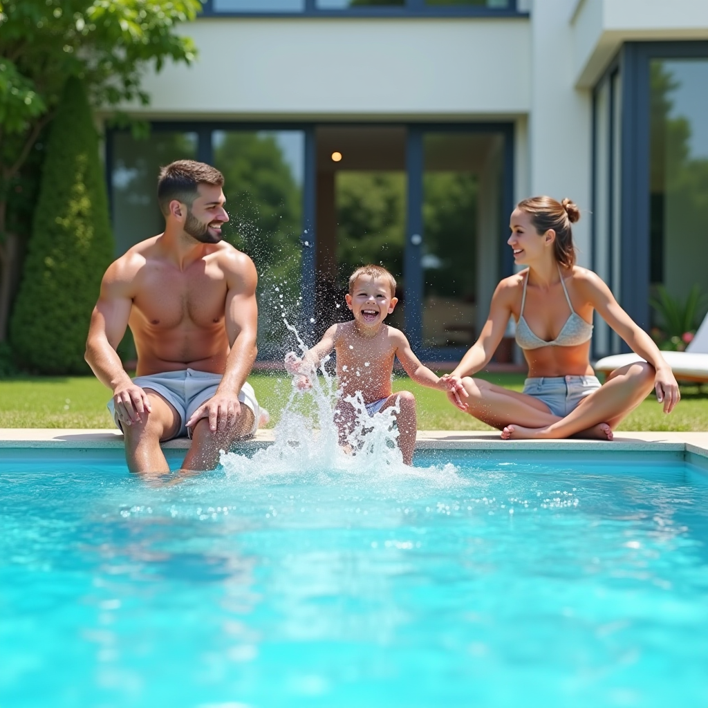 Famille profitant d'une piscine liner dans leur jardin
